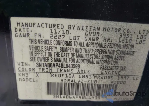 2011 Nissan Sentra 2.0Sl из США, поврежденный, VIN 3N1AB6AP4BL643599